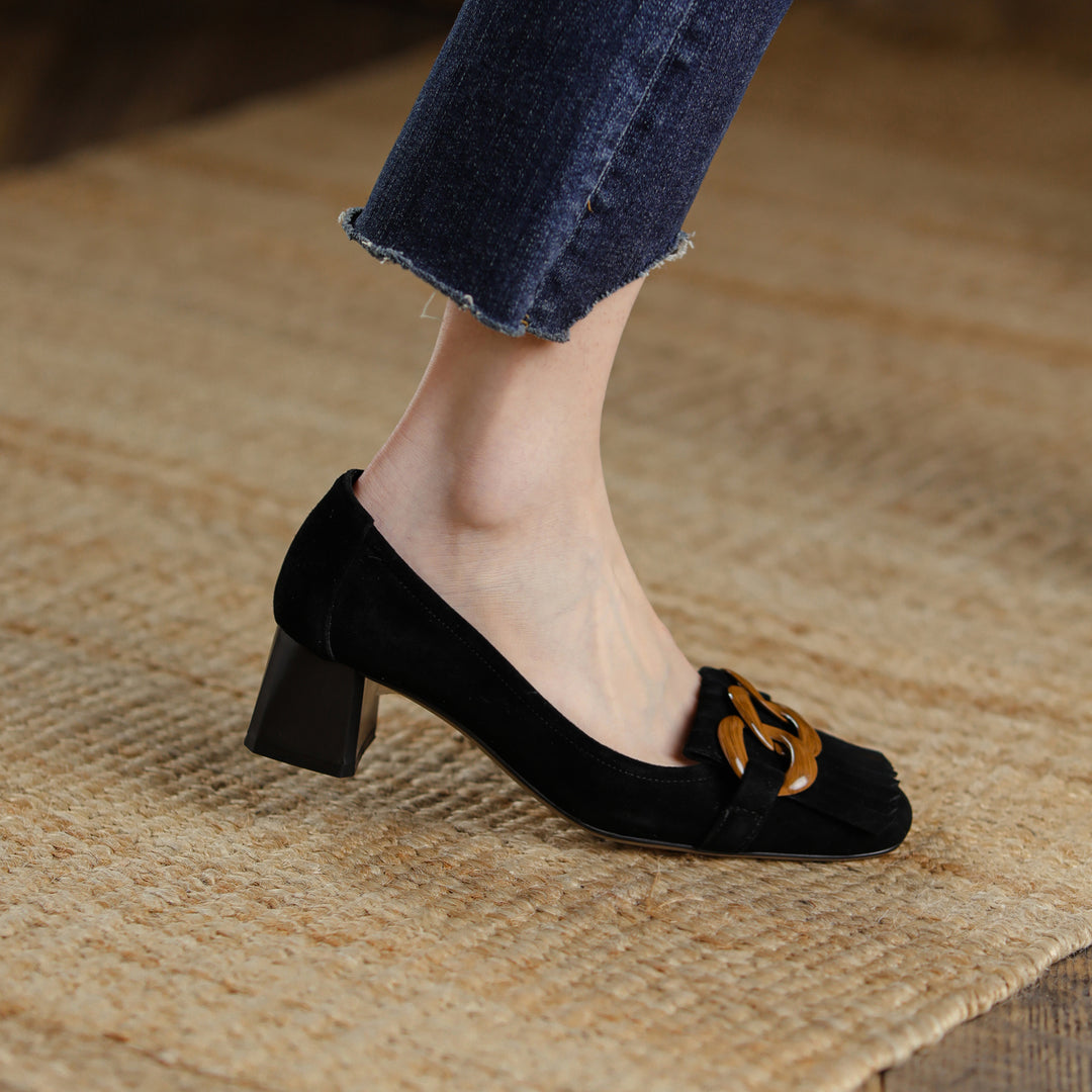Elegant Women's Suede Leather Pumps – Mid Block Heel with Tassel & Chain