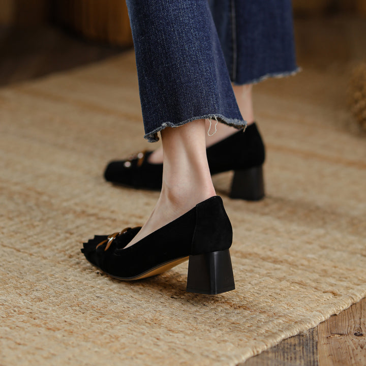 Elegant Women's Suede Leather Pumps – Mid Block Heel with Tassel & Chain