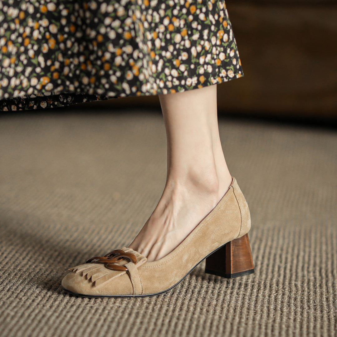 Elegant Women's Suede Leather Pumps – Mid Block Heel with Tassel & Chain