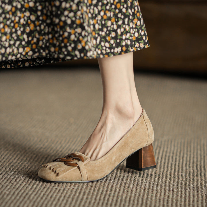 Elegant Women's Suede Leather Pumps – Mid Block Heel with Tassel & Chain