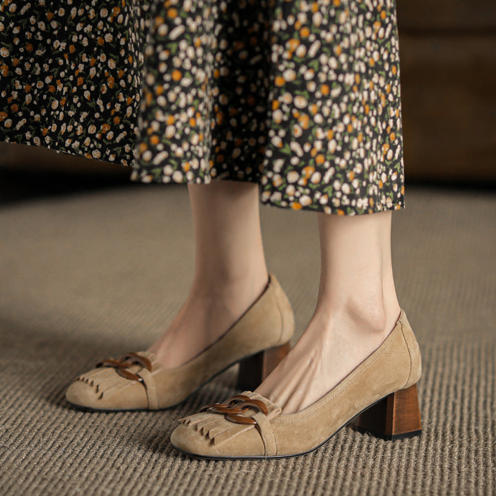 Elegant Women's Suede Leather Pumps – Mid Block Heel with Tassel & Chain