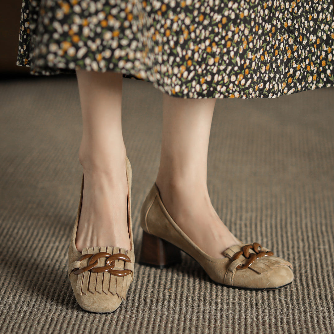 Elegant Women's Suede Leather Pumps – Mid Block Heel with Tassel & Chain
