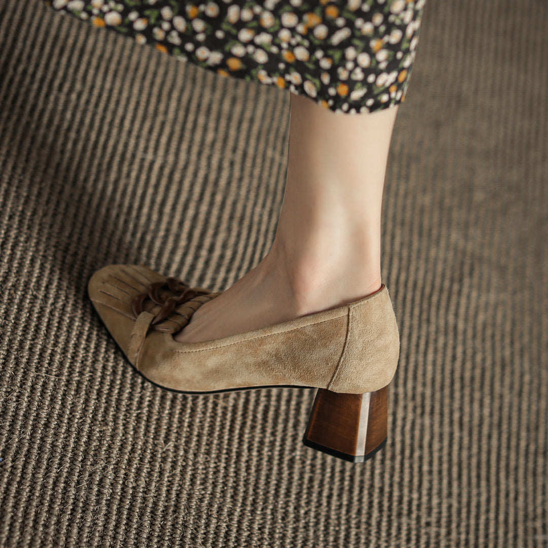 Elegant Women's Suede Leather Pumps – Mid Block Heel with Tassel & Chain