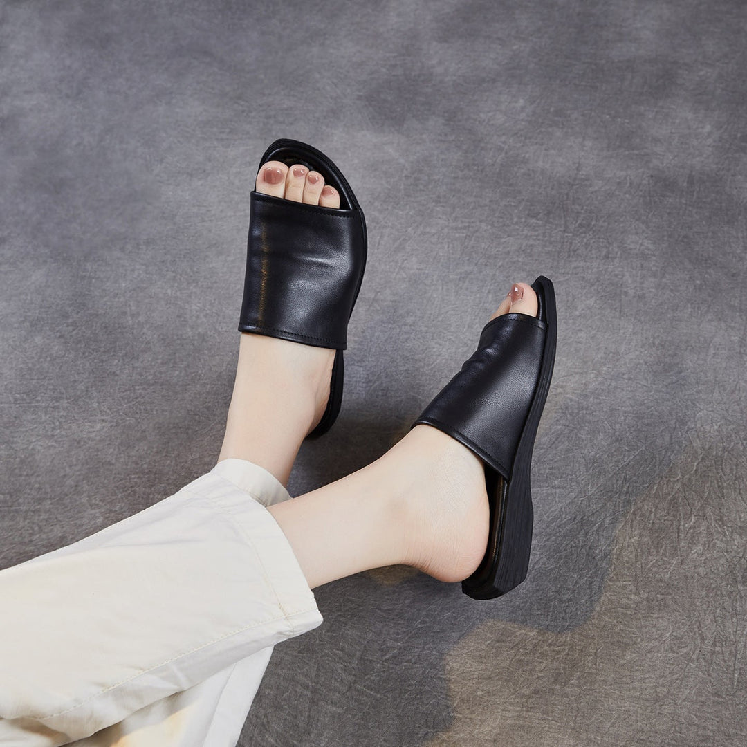 Women's Open Toe Leather Ruched Mules - Zen Style Cowhide Summer Slides