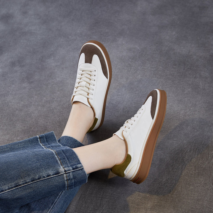Womens Retro Cowhide Suede Patchwork Sneakers Vintage Round Toe Gum Sole Lace-up Flats