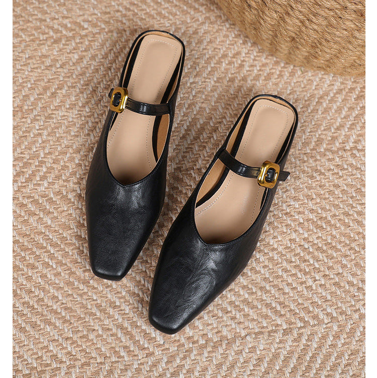 Women's Mary Jane Mules - Square Toe Gold Buckle Low Kitten Heel Slides