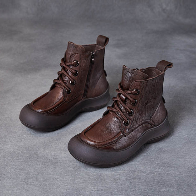 Women's Leather Platform Boots – Comfortable Casual Lace-Up Ankle Shoes