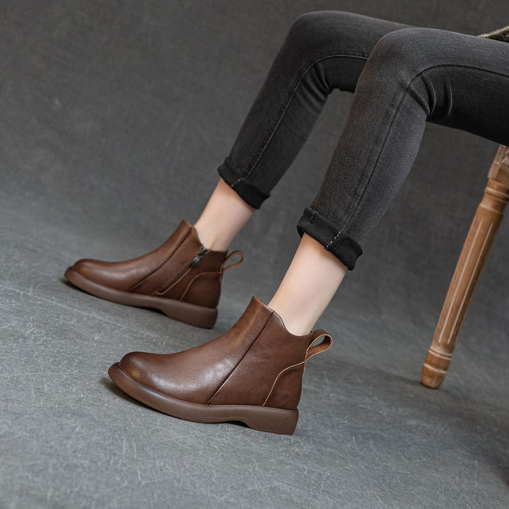 Women's Comfortable Leather Ankle Boots – Low Heel with Side Zipper