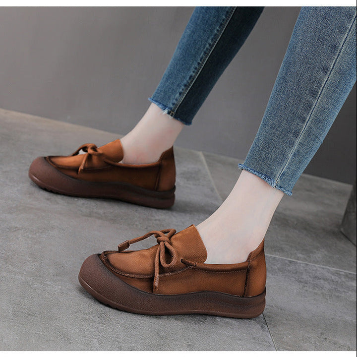 Women's Suede Leather Casual Loafers - Thick Platform Muffin Sole Comfort Walking Shoes with Bow Tie