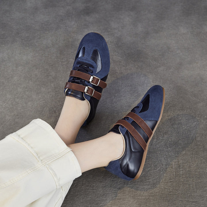 Women's Genuine Leather Double Buckle Strap Sneakers Retro Slip-on Flat Shoes