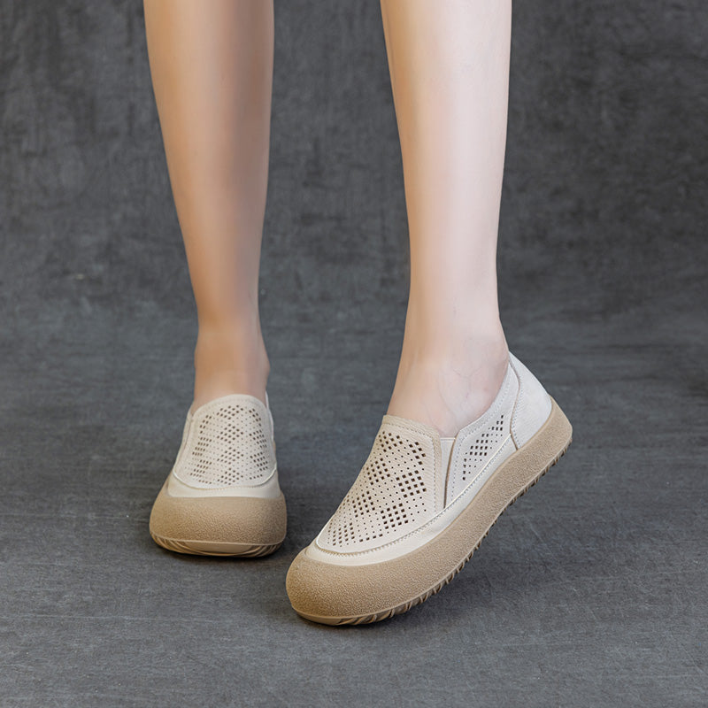 Womens Summer Perforated Leather Slip-on Loafers Breathable Platform Casual Walking Shoes