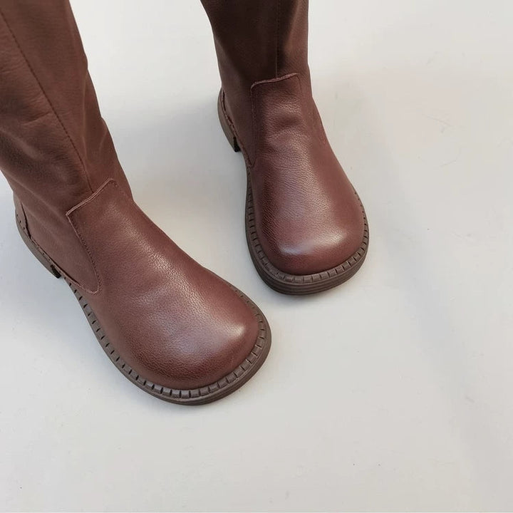Women's Winter Fleece-lined Wide Toe Box Genuine Leather Knee High Boots British Style Riding Boots
