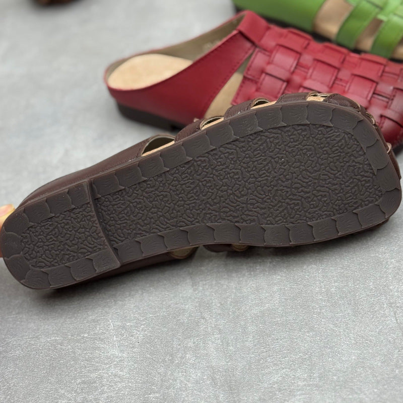 Women's Artisanal Square Toe Leather Woven Mules - Lightweight Unlined Flats