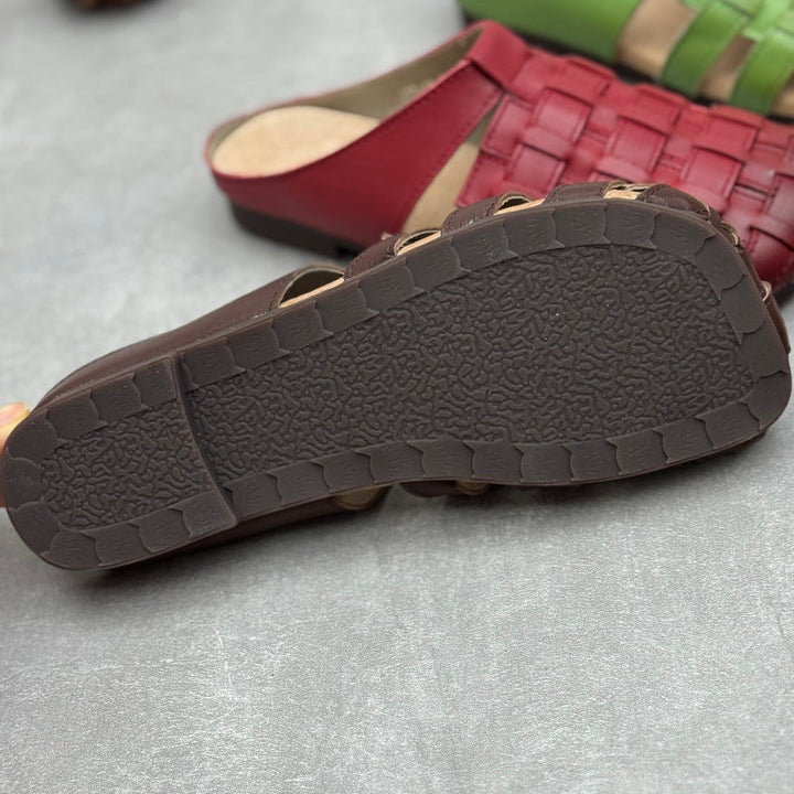 Women's Artisanal Square Toe Leather Woven Mules - Lightweight Unlined Flats