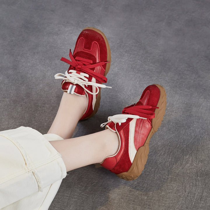 Women’s Leather Patchwork Trainers – Lightweight Spring Lace-Up Casual Shoes