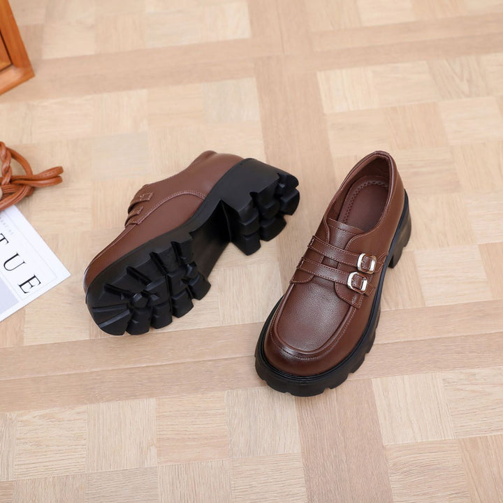 Women's Chunky Platform Loafers - Leather Shoes with EVA Outsole - Double Buckle Detail