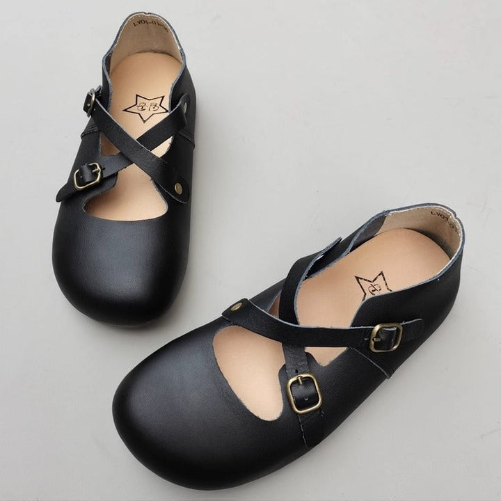 Women's Vintage Handmade Leather Shoes – Cross Strap, Buckle & Soft Sole
