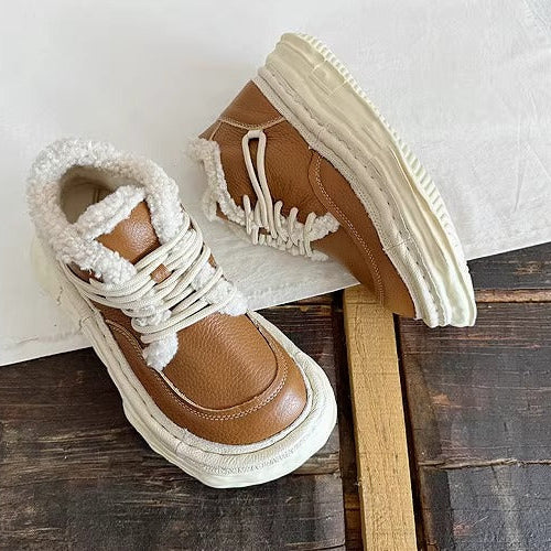 Women's Winter Chunky Leather Lace-Up Shoes – Fleece-Lined & Ugly-Cute Design