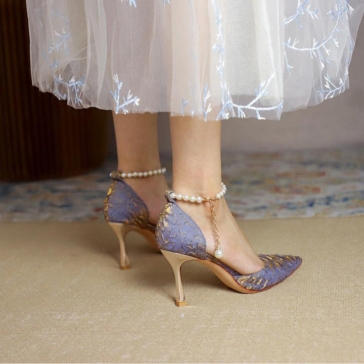 Women's Pearl Wedding Shoes for Bride High Heels Pointed Toe Satin Pumps