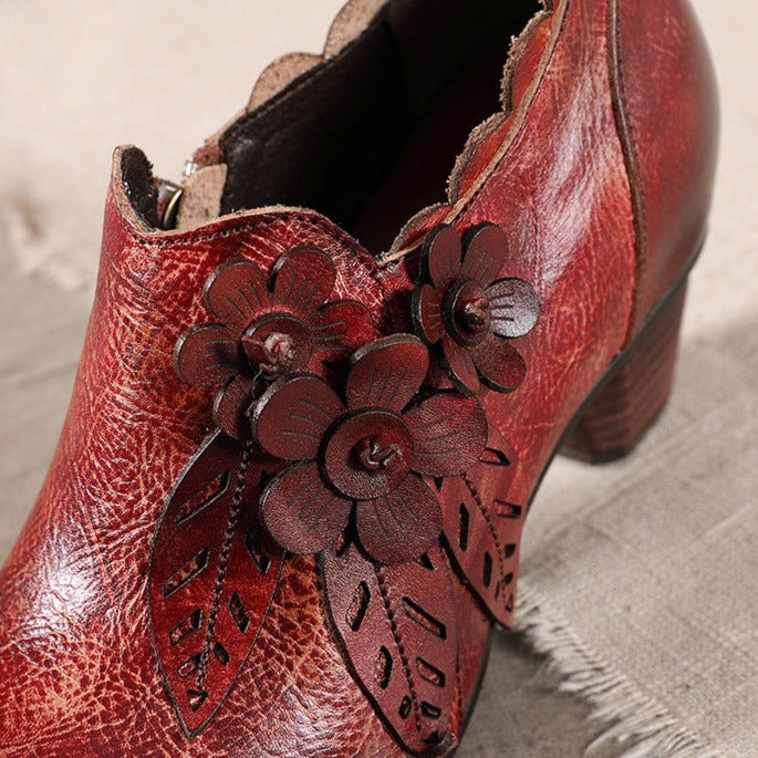 Womens Genuine Leather Heeled Boots Boho Vintage Shoes
