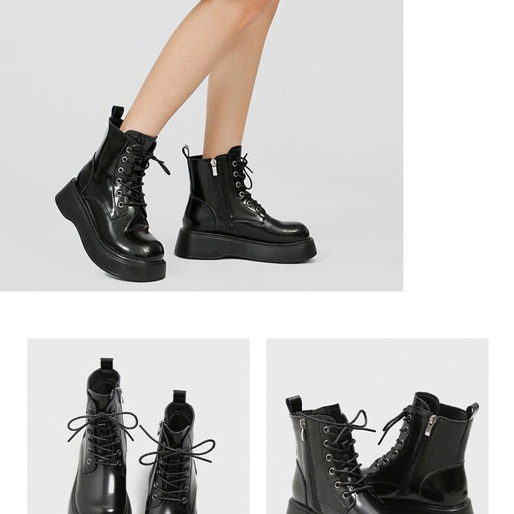 Women's Square Toe Lace-Up Thick Sole Patent Leather Combat Boots
