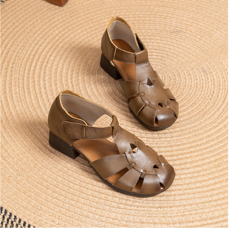 Women's Leather Fisherman Sandals - Closed Toe 3.5cm Mid Block Heel Shoes with Velcro
