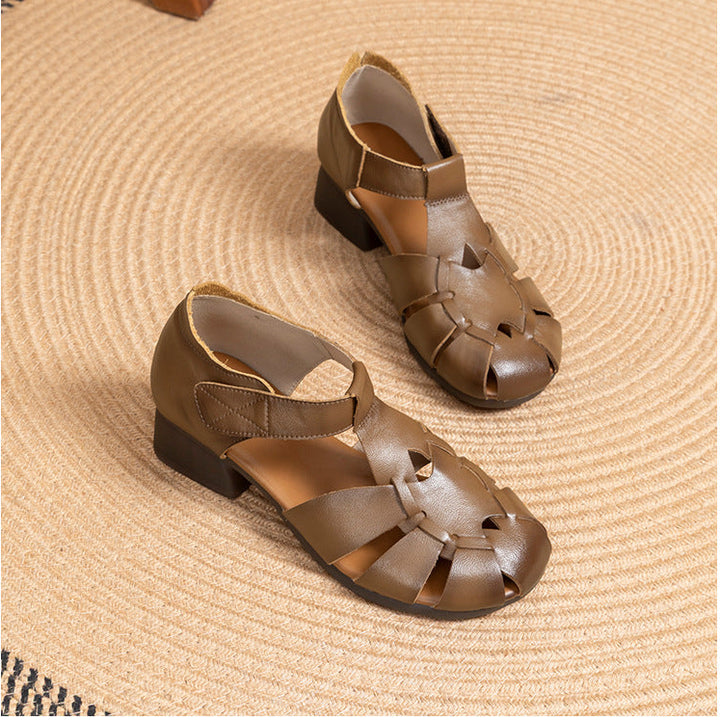 Women's Leather Fisherman Sandals - Closed Toe 3.5cm Mid Block Heel Shoes with Velcro