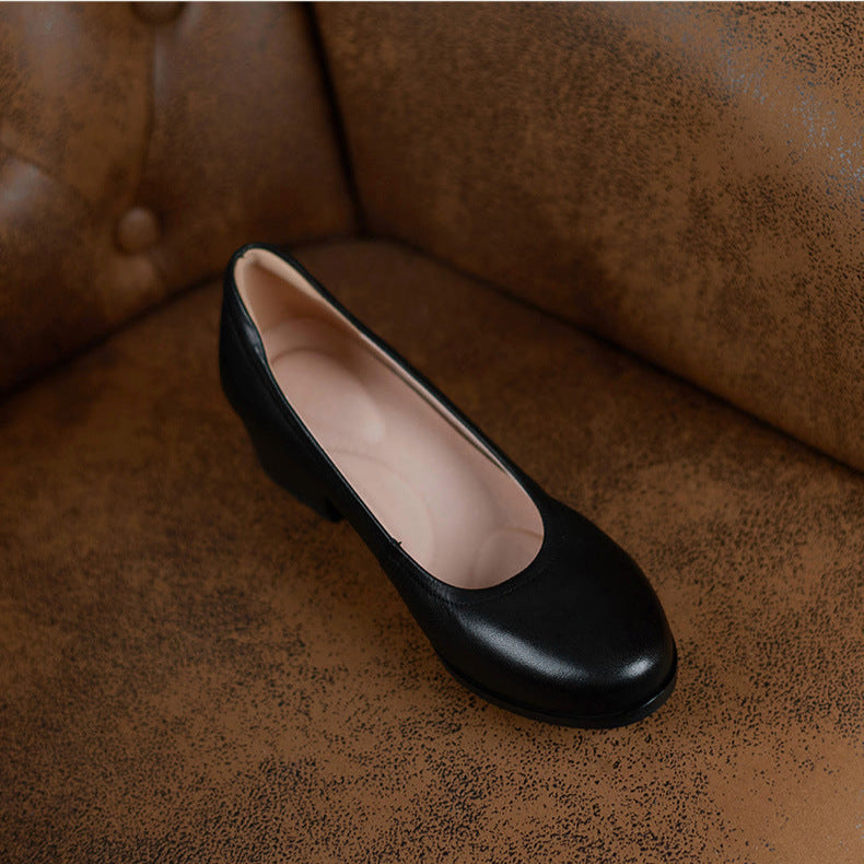 Women's Black Leather Pumps - Low Heel for Office & Business