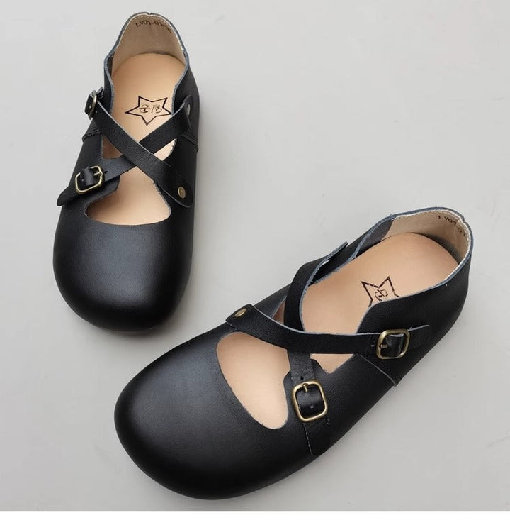 Women's Hidden Wedge Heel Shoes - Handmade Vintage Style with Cross Strap Buckle