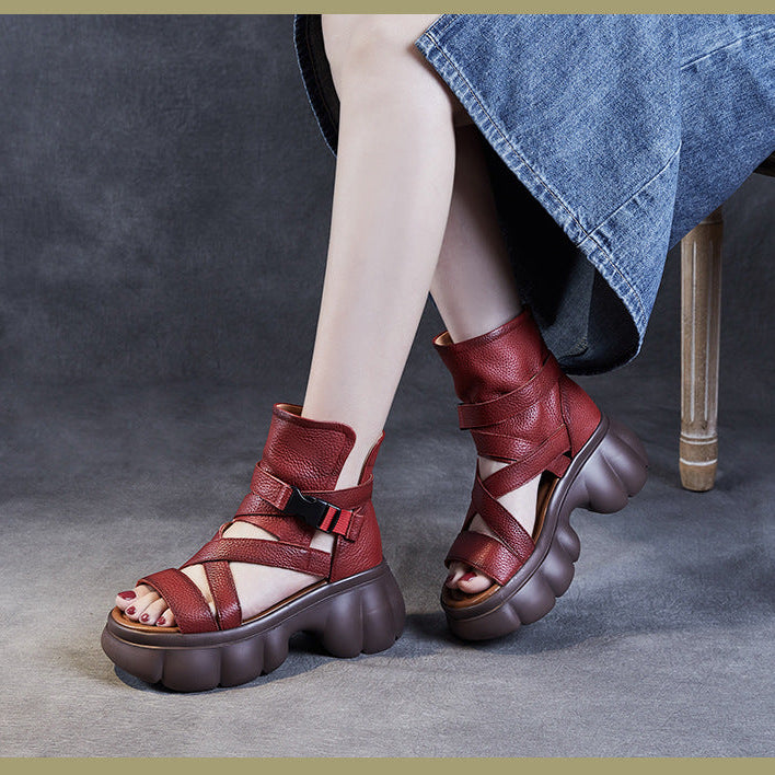 Women's Leather Sandals Boot - Platform Chunky High Heel Gladiator Booties, Elastic Strap Open Toe Summer Shoes