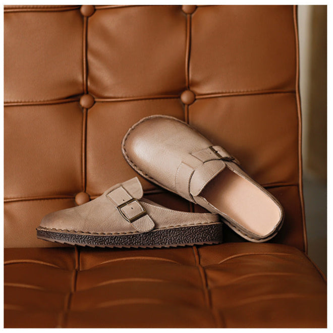 Wide Round Toe Leather Buckle With Decoration Flat Comfort Women's Mule Shoes