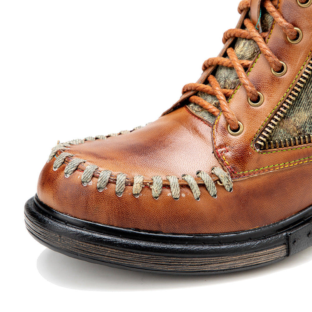 Women's Vintage Distressed Denim Sheepskin Ankle Boots Side Zipper Lace Up Combat Booties