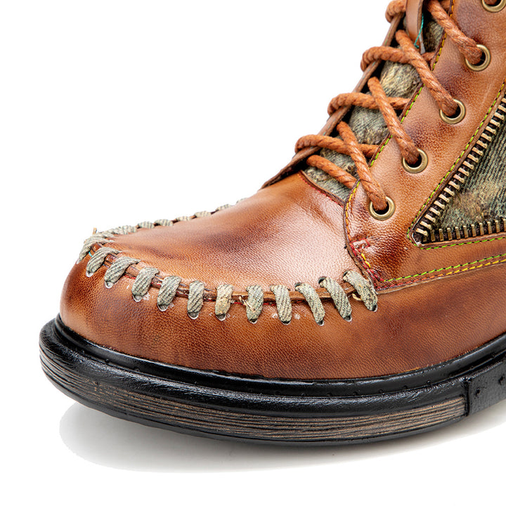 Women's Vintage Distressed Denim Sheepskin Ankle Boots Side Zipper Lace Up Combat Booties