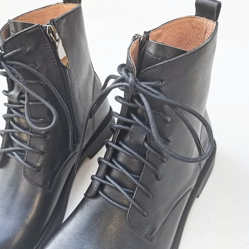 Women's Vintage Wide Toe Genuine Leather Ankle Boots – Handmade, Soft Sole, British Style