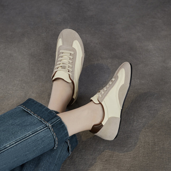 Women's Genuine Leather Retro Sneakers Vintage Lace-up Round Toe Flat Walking Shoes