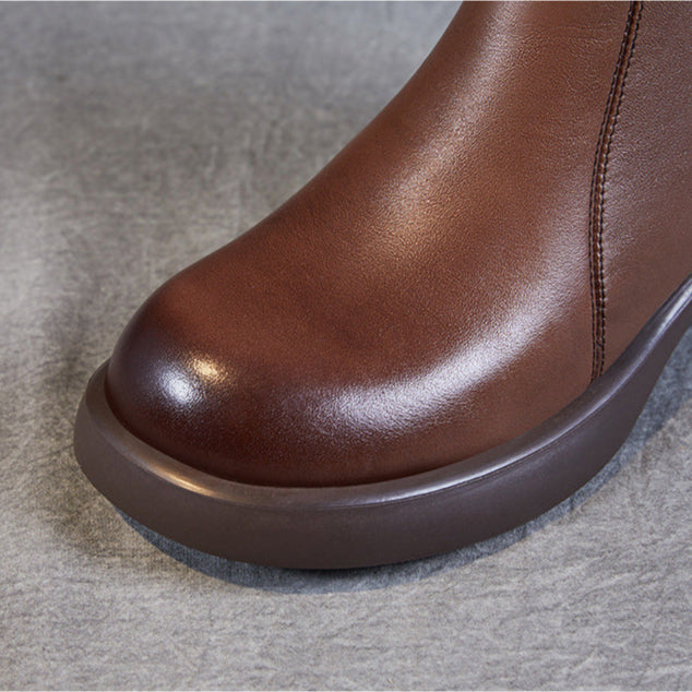 Women's Low Heel Casual Genuine Leather Boots with Back Zipper