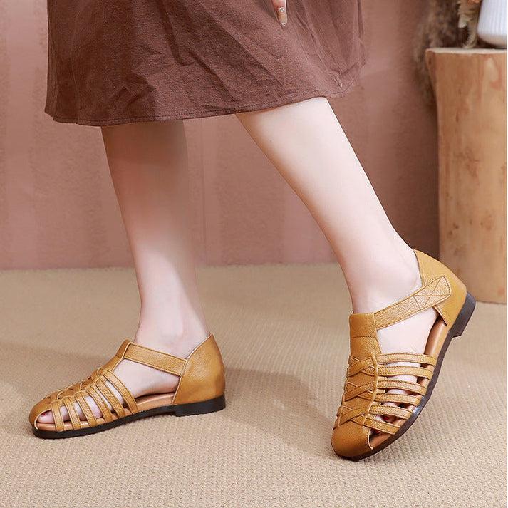 Women's Leather Fisherman Sandals Velcro Woven Summer Hollow-Out Casual Walking Flats