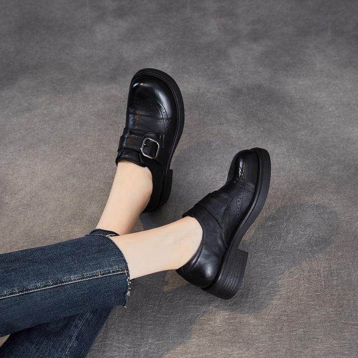 Women's Genuine Leather Chunky Platform Monk Strap Loafers Vintage Brogue Slip-on Shoes