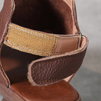 Women's Leather Block Heel Hollow Out Open Toe Sandals