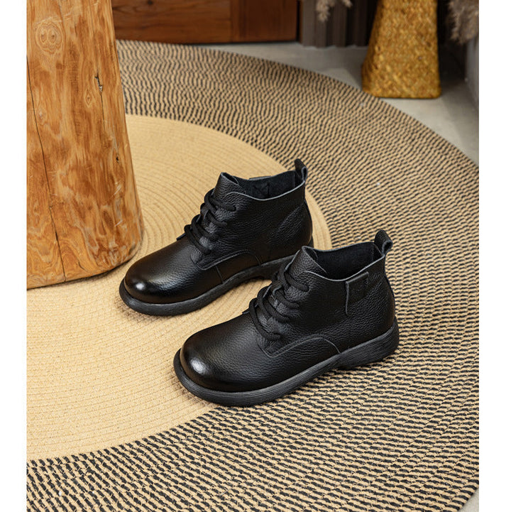 Women's Leather Ankle Boots - Vintage Round Toe Lace-Up Side Zipper Oxford Booties Comfort Walking Shoes