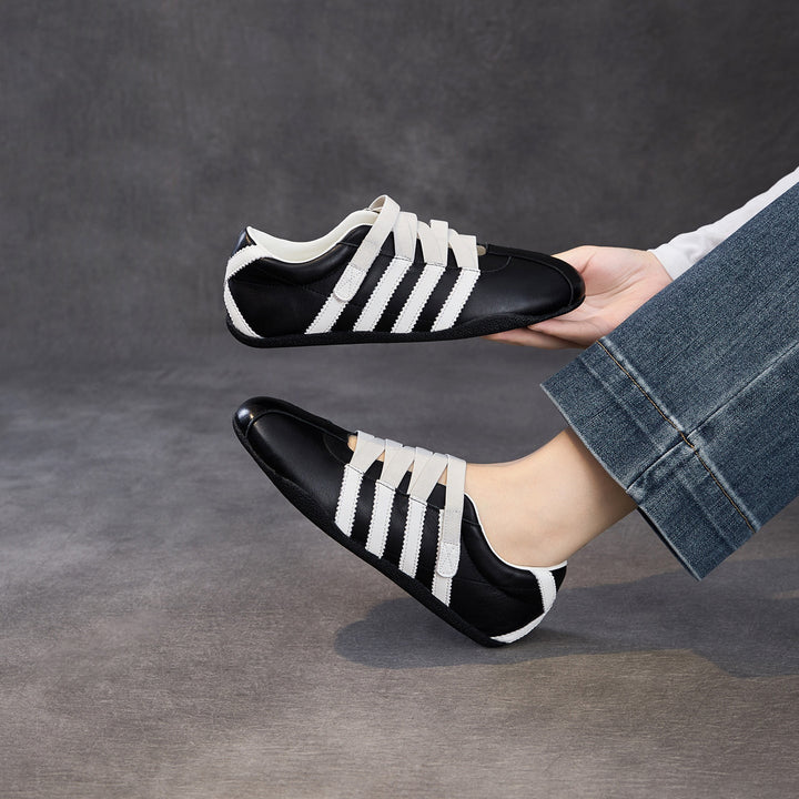 Women's Retro Cowhide Sneakers Vintage Round Toe Strappy Velcro Driving Flats