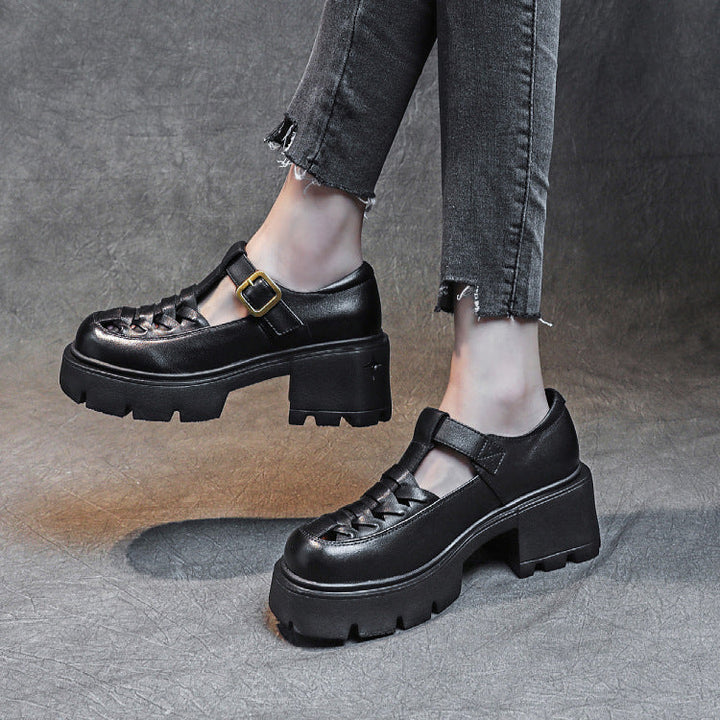 Women's Genuine Leather Fisherman Sandals - Chunky High Heel & Closed Toe Design