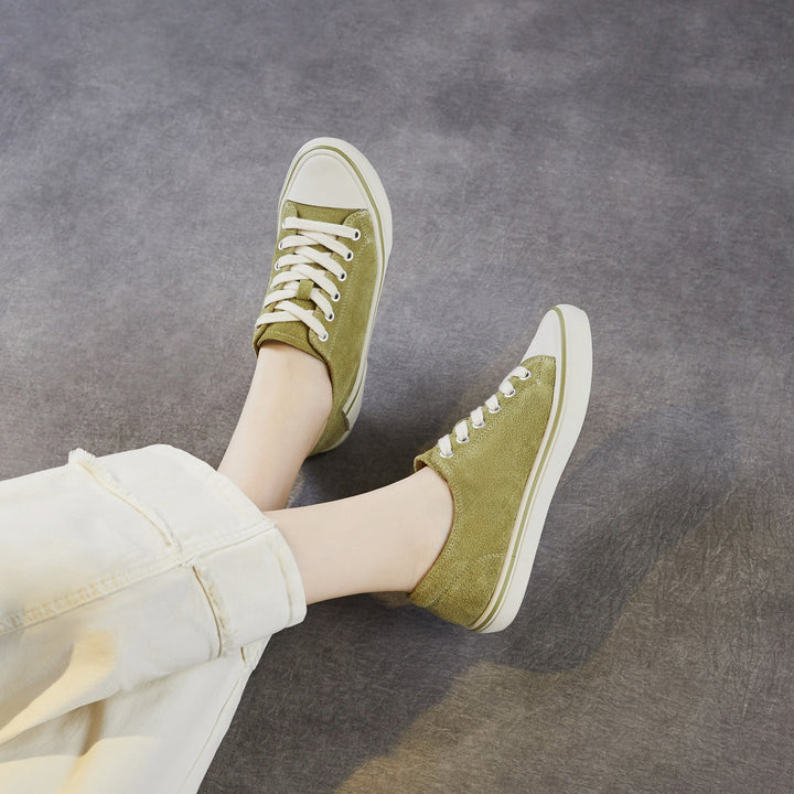Women‘s Retro Suede Sneakers Vintage Round Toe Low Top Lace-up Flat Walking Shoes