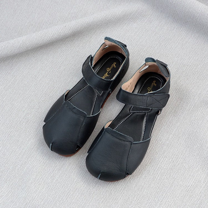 Women's Soft Leather Closed-Toe Velcro Sandals – Comfortable Flat Style