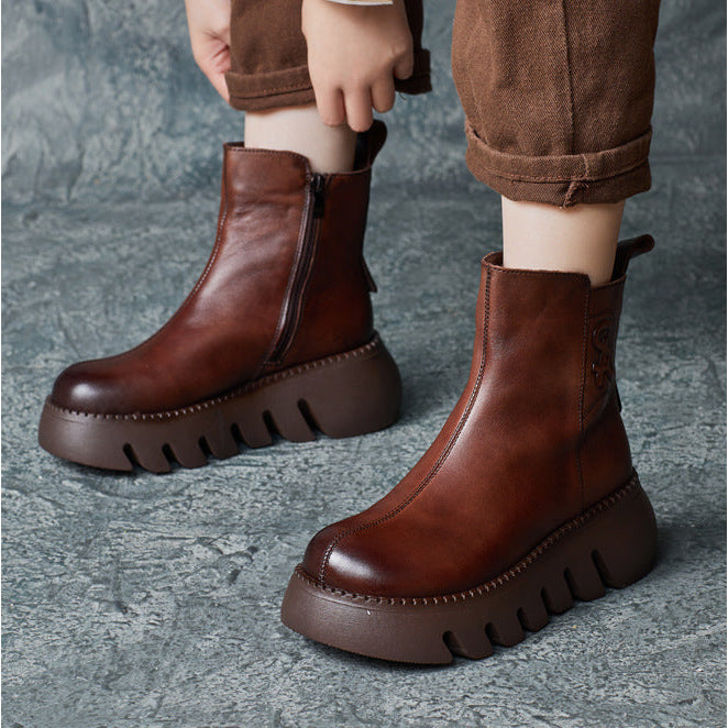 Women's Vintage Cowhide Platform Ankle Booties Round Toe Rubber Sole Winter Boots