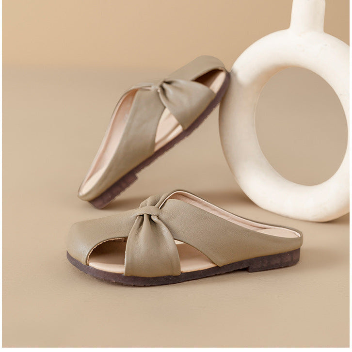 Women's Leather Mules - Closed Round Toe Flat Sandals Casual Slip-On Slides