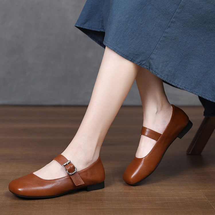 Women‘s Retro Leather Mary Jane Flats Vintage Square Toe Casual Ballet Shoes