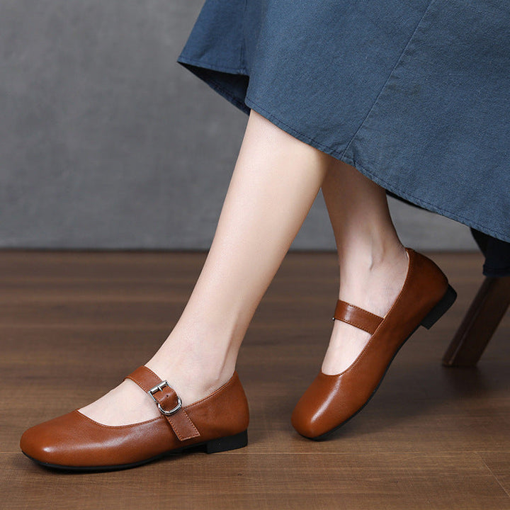 Women‘s Retro Leather Mary Jane Flats Vintage Square Toe Casual Ballet Shoes