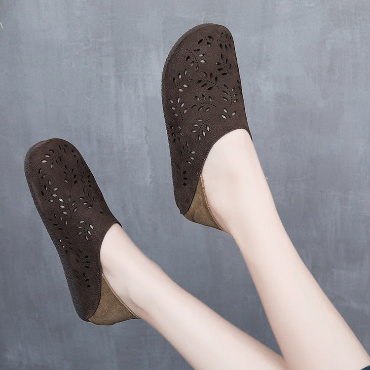Women's Leather Loafers - Cut-Out Leaf Perforated Flat Sandals Casual Slip-On Summer Shoes