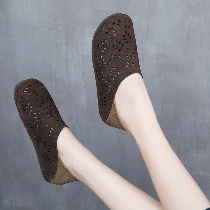 Women's Leather Loafers - Cut-Out Leaf Perforated Flat Sandals Casual Slip-On Summer Shoes